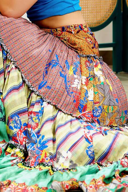 Bhanuni By Jyoti_Multi Color Viscose Embroidery, Sequins Ruth Mixed Print Tiered Skirt _Online_at_Aza_Fashions