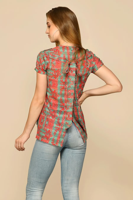 Bhanuni By Jyoti Irish Floral Embroidered Yoke Mesh Top 