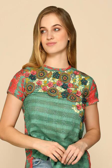 Bhanuni By Jyoti Green Viscose Embroidery Crew Neck Irish Floral Yoke Mesh Top Online at Aza Fashions Bhanuni By Jyoti_Green Viscose Embroidery Crew Neck Irish Floral Yoke Mesh Top _Online_at_Aza_Fashions