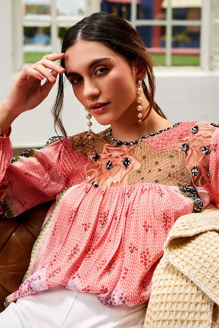 Buy_Bhanuni By Jyoti_Pink Viscose, Nylon Embroidery, Sequins Round Rosario Floral Print Peasant Top _Online_at_Aza_Fashions