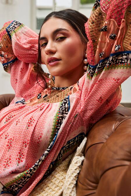 Shop_Bhanuni By Jyoti_Pink Viscose, Nylon Embroidery, Sequins Round Rosario Floral Print Peasant Top _Online_at_Aza_Fashions