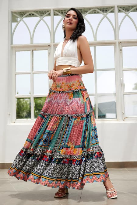 Buy_Bhanuni By Jyoti_Green Viscose Embroidery, Sequins Celina Vintage Print Tiered Skirt _Online_at_Aza_Fashions