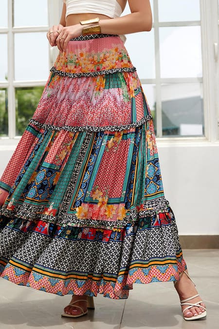 Shop_Bhanuni By Jyoti_Green Viscose Embroidery, Sequins Celina Vintage Print Tiered Skirt _Online_at_Aza_Fashions