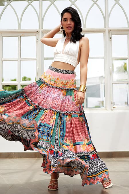 Bhanuni By Jyoti_Green Viscose Embroidery, Sequins Celina Vintage Print Tiered Skirt _at_Aza_Fashions