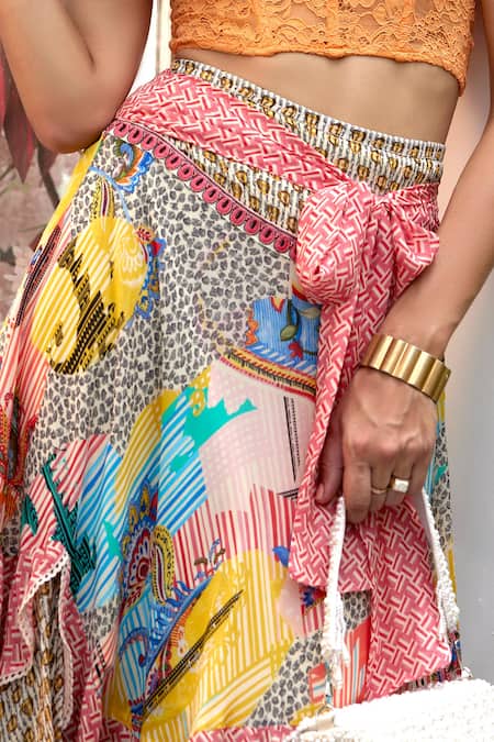 Bhanuni By Jyoti_Pink Viscose Embroidery Camella Abstract Print Layered Skirt _Online_at_Aza_Fashions