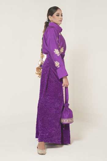 Wazir C_Purple Silk, Cotton, Velvet Embroidery Kashmiri Tilla Shirt With Skirt_Online_at_Aza_Fashions