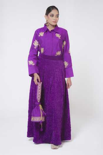 Buy_Wazir C_Purple Silk, Cotton, Velvet Embroidery Kashmiri Tilla Shirt With Skirt_Online_at_Aza_Fashions