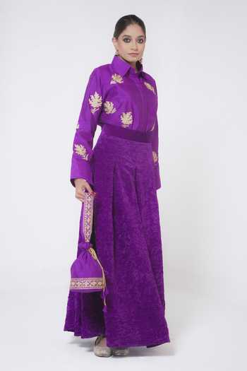 Shop_Wazir C_Purple Silk, Cotton, Velvet Embroidery Kashmiri Tilla Shirt With Skirt_Online_at_Aza_Fashions