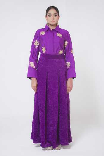 Wazir C_Purple Silk, Cotton, Velvet Embroidery Kashmiri Tilla Shirt With Skirt_at_Aza_Fashions