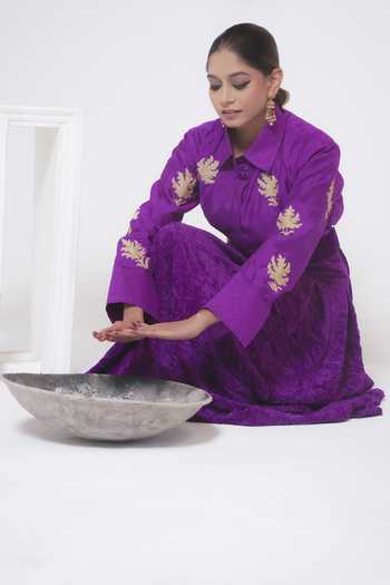 Buy_Wazir C_Purple Silk, Cotton, Velvet Embroidery Kashmiri Tilla Shirt With Skirt