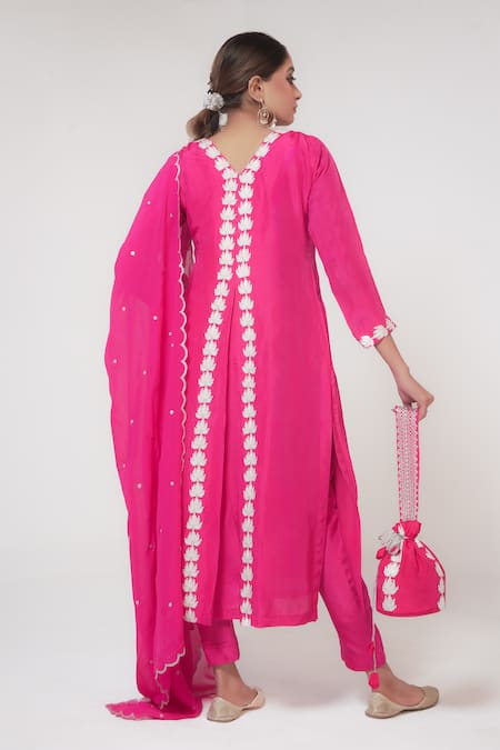 Shop_Wazir C_Pink Silk, Organza Embroidery Round Floret Kashmiri Tilla And Zari Kurta Pant Set _at_Aza_Fashions