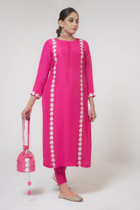 Buy_Wazir C_Pink Silk, Organza Embroidery Round Floret Kashmiri Tilla And Zari Kurta Pant Set _Online_at_Aza_Fashions