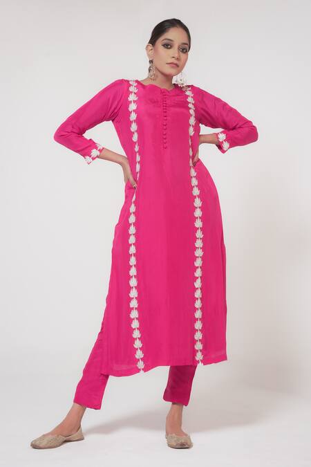 Shop_Wazir C_Pink Silk, Organza Embroidery Round Floret Kashmiri Tilla And Zari Kurta Pant Set _Online_at_Aza_Fashions