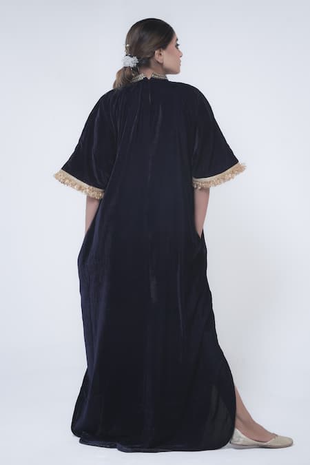 Shop_Wazir C_Blue Velvet Embroidery High Neck Kashmiri Tilla Paisley Kaftan _at_Aza_Fashions