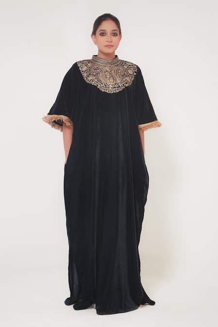 Wazir C_Blue Velvet Embroidery High Neck Kashmiri Tilla Paisley Kaftan _Online_at_Aza_Fashions