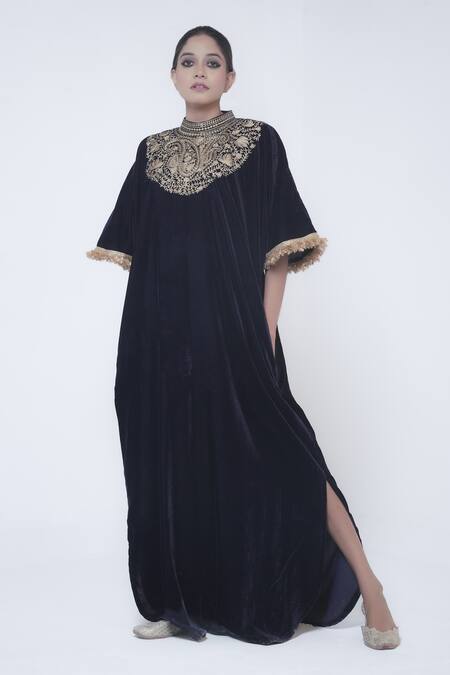 Buy_Wazir C_Blue Velvet Embroidery High Neck Kashmiri Tilla Paisley Kaftan _Online_at_Aza_Fashions