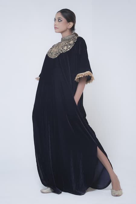 Shop_Wazir C_Blue Velvet Embroidery High Neck Kashmiri Tilla Paisley Kaftan _Online_at_Aza_Fashions