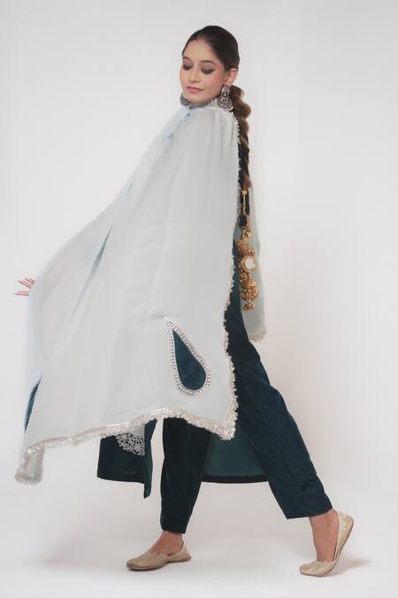 Shop_Wazir C_Blue Velvet, Organza Embroidery Collared Kashmiri Tilla Ornate Kurta Pant Set _Online_at_Aza_Fashions