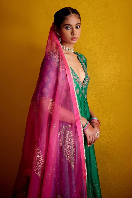 Buy_Vashisht Guru Dutt_Green Silk Organza, Handloom Cotton, Chanderi Block Print Anarkali Pant Set _Online_at_Aza_Fashions