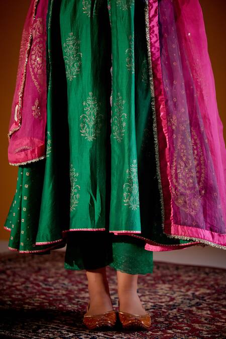 Shop_Vashisht Guru Dutt_Green Silk Organza, Handloom Cotton, Chanderi Block Print Anarkali Pant Set _Online_at_Aza_Fashions