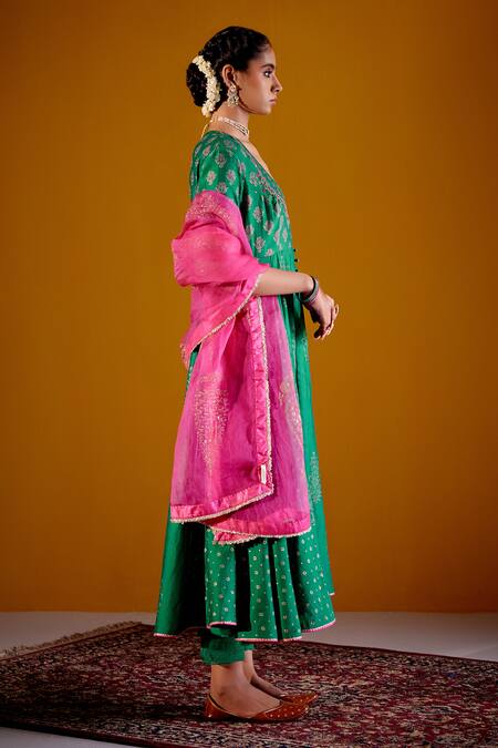 Vashisht Guru Dutt_Green Silk Organza, Handloom Cotton, Chanderi Block Print Anarkali Pant Set _at_Aza_Fashions