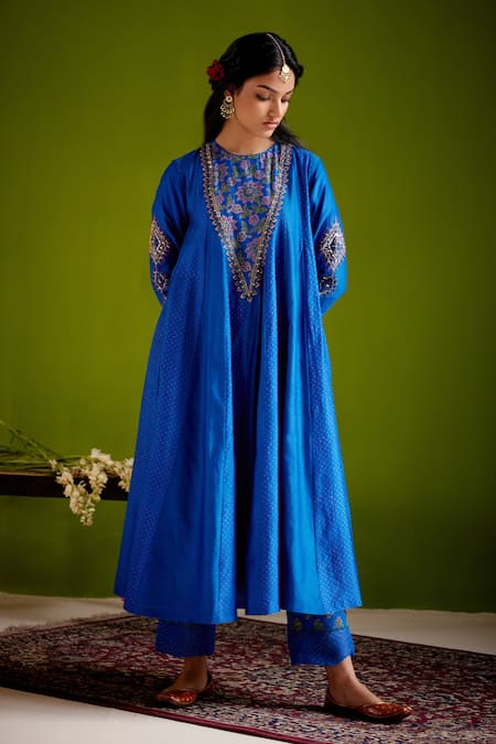 Buy_Vashisht Guru Dutt_Blue Silk Organza, Handloom Cotton, Woven Block Print Anarkali Pant Set _Online_at_Aza_Fashions