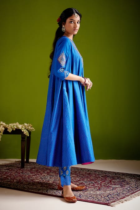 Shop_Vashisht Guru Dutt_Blue Silk Organza, Handloom Cotton, Woven Block Print Anarkali Pant Set _Online_at_Aza_Fashions