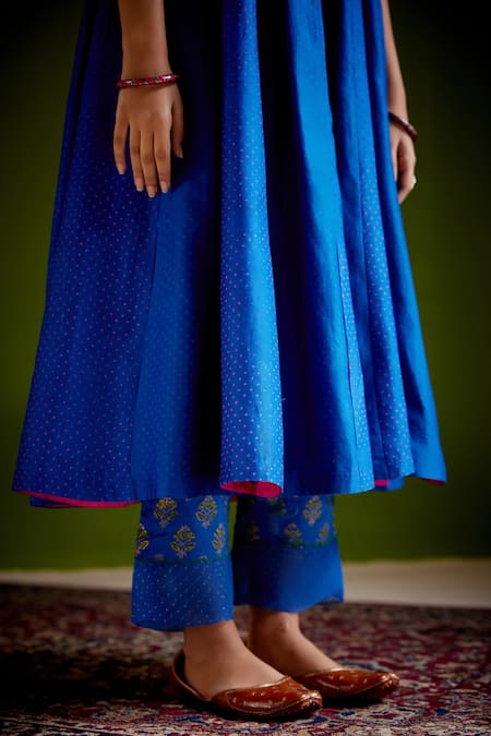 Vashisht Guru Dutt_Blue Silk Organza, Handloom Cotton, Woven Block Print Anarkali Pant Set _at_Aza_Fashions