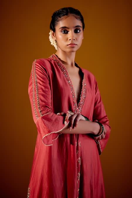 Shop_Vashisht Guru Dutt_Orange Handloom Chanderi Printed Floral V Neck Woven Block Kurta Pant Set _Online_at_Aza_Fashions