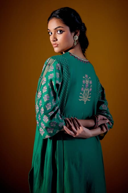 Buy Vashisht Guru Dutt Green Handloom Chanderi Printed Floral Notched Woven Embroidered Kurta Pant Set Buy_Vashisht Guru Dutt_Green Handloom Chanderi Printed Floral Notched Woven Embroidered Kurta Pant Set