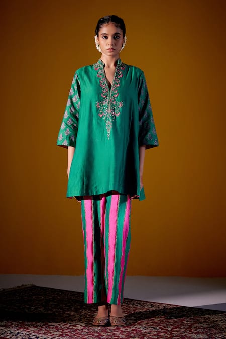 Vashisht Guru Dutt Green Handloom Chanderi Printed Floral Embroidered Tunic And Pant Set  