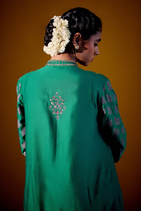 Vashisht Guru Dutt_Green Handloom Chanderi Printed Floral Embroidered Tunic And Pant Set  _at_Aza_Fashions