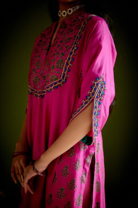Shop_Vashisht Guru Dutt_Pink Handloom Chanderi Printed Floral Embroidered Panelled Tunic And Pant Set _Online_at_Aza_Fashions