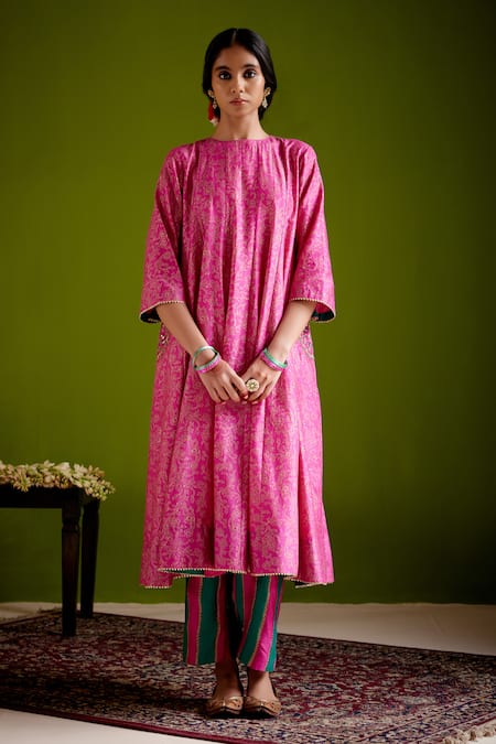 Vashisht Guru Dutt Pink Handloom Chanderi Printed Floral Round Embroidered Anarkali And Pant Set 