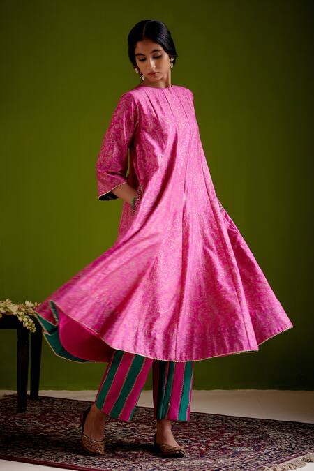 Shop_Vashisht Guru Dutt_Pink Handloom Chanderi Printed Floral Round Embroidered Anarkali And Pant Set _Online_at_Aza_Fashions