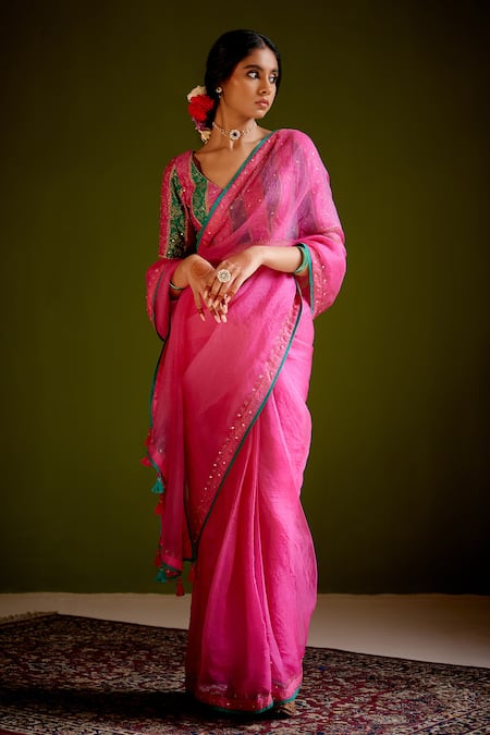 Vashisht Guru Dutt Pink Handloom Chanderi Organza Block Embroidered Saree With Blouse 