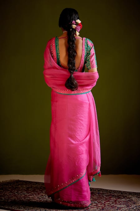 Vashisht Guru Dutt Organza Block Print Embroidered Saree With Blouse 