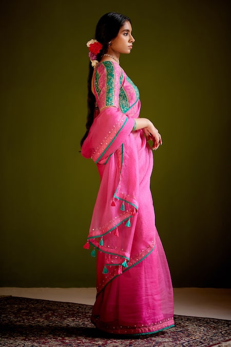 Vashisht Guru Dutt Pink Silk Organza, Handloom Cotton Sequins, Block Print Saree With Blouse Online at Aza Fashions Vashisht Guru Dutt_Pink Silk Organza, Handloom Cotton Sequins, Block Print Saree With Blouse _Online_at_Aza_Fashions