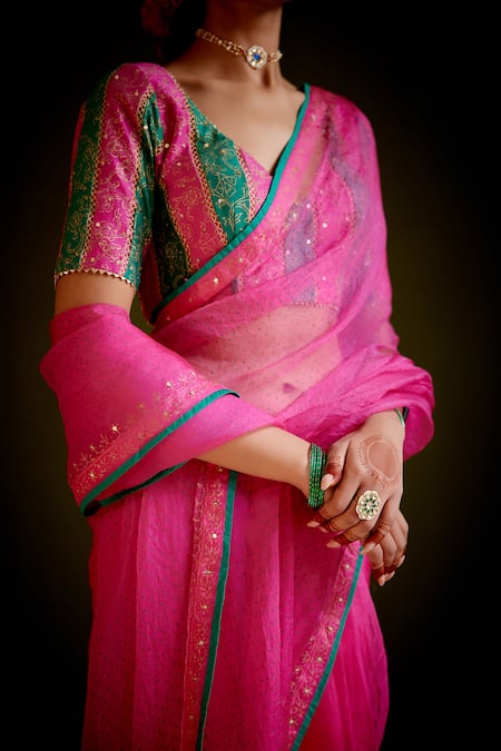 Shop Vashisht Guru Dutt Pink Silk Organza, Handloom Cotton Sequins, Block Print Saree With Blouse Online at Aza Fashions Shop_Vashisht Guru Dutt_Pink Silk Organza, Handloom Cotton Sequins, Block Print Saree With Blouse _Online_at_Aza_Fashions