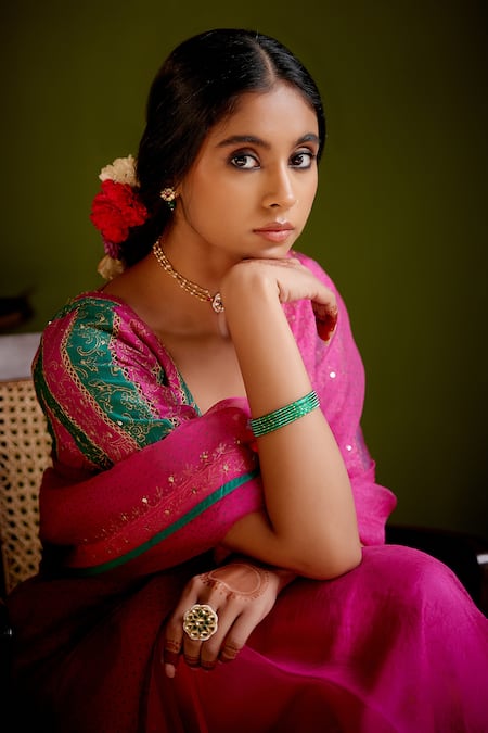 Vashisht Guru Dutt Pink Silk Organza, Handloom Cotton Sequins, Block Print Saree With Blouse at Aza Fashions Vashisht Guru Dutt_Pink Silk Organza, Handloom Cotton Sequins, Block Print Saree With Blouse _at_Aza_Fashions