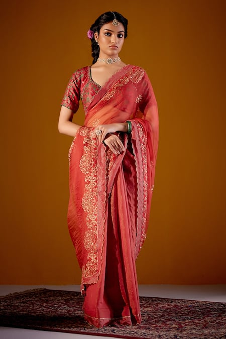 Buy_Vashisht Guru Dutt_Orange Organza, Silk, Tissue Block Print Scalloped Border Saree With Blouse _Online_at_Aza_Fashions