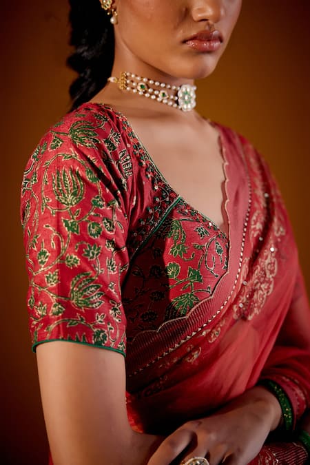 Shop_Vashisht Guru Dutt_Orange Organza, Silk, Tissue Block Print Scalloped Border Saree With Blouse _Online_at_Aza_Fashions