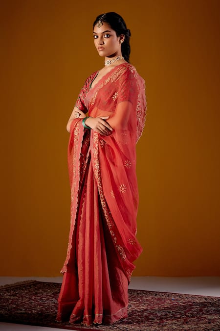 Vashisht Guru Dutt_Orange Organza, Silk, Tissue Block Print Scalloped Border Saree With Blouse _at_Aza_Fashions