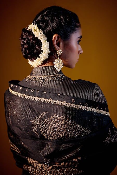 Shop_Vashisht Guru Dutt_Black Silk Organza Printed Resham Stand Collar V Embroidered Saree And Blouse _Online_at_Aza_Fashions