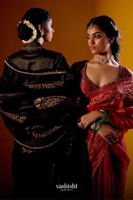 Shop_Vashisht Guru Dutt_Black Silk Organza Printed Resham Stand Collar V Embroidered Saree And Blouse 