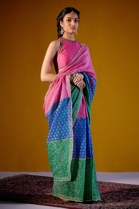 Buy_Vashisht Guru Dutt_Multi Color Chanderi, Handloom Cotton Sequins, Block Print Saree With Blouse _Online_at_Aza_Fashions