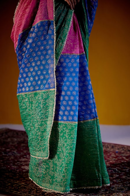 Shop_Vashisht Guru Dutt_Multi Color Chanderi, Handloom Cotton Sequins, Block Print Saree With Blouse _Online_at_Aza_Fashions