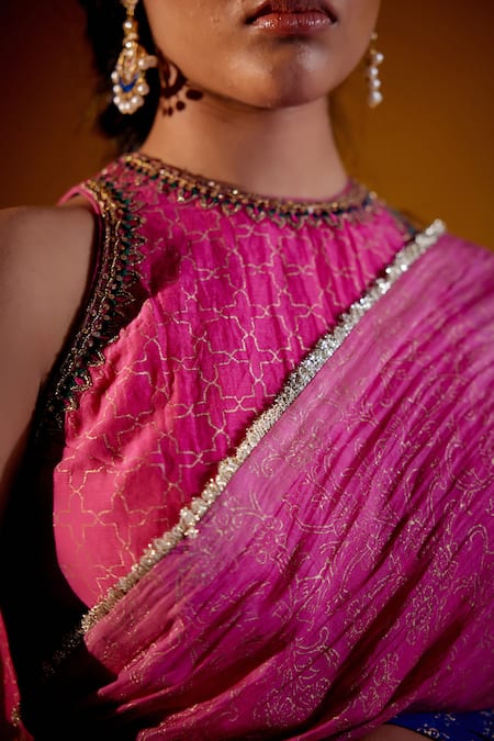 Buy_Vashisht Guru Dutt_Multi Color Chanderi, Handloom Cotton Sequins, Block Print Saree With Blouse 