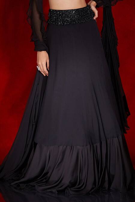 Buy_Shloka Khialani_Black Net, Georgette Sequins, Alessa Frilled Hem Lehenga Embroidered Blouse Set_Online_at_Aza_Fashions
