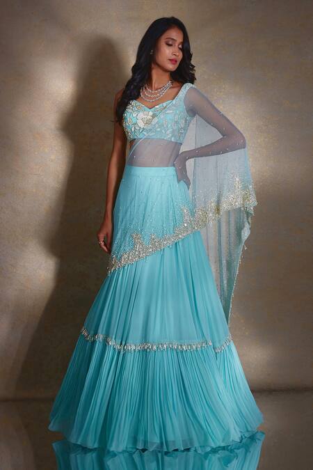Shloka Khialani_Blue Georgette, Net Beads, Ania Embellished Draped Lehenga Saree With Blouse_Online_at_Aza_Fashions